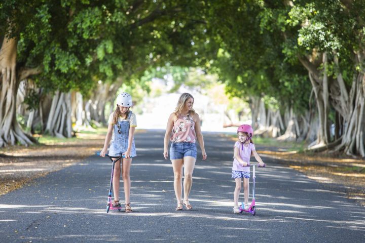 Family enjoying a walk through Fig Tree Avenue, Grafton.